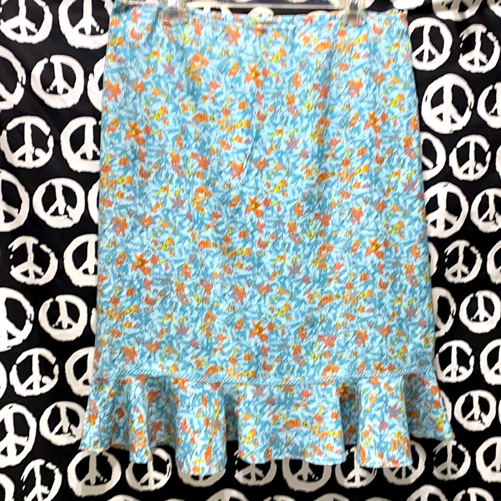 SIGRID OLSEM FLORAL BLUE/ORANGE/YELLOW/GREY SKIRT CROCHET HEM TRIM SZ 14P